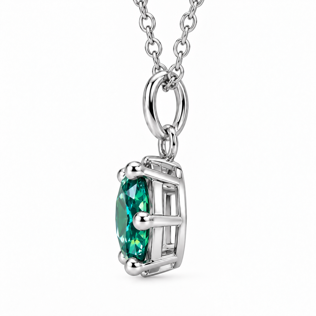 Side profile of an 8mm green moissanite solitaire necklace showing the round brilliant gemstone depth, open four-prong silver basket setting, polished connecting ring, and elongated oval pendant bail.