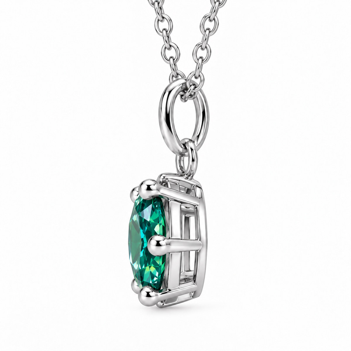 Side profile of an 8mm green moissanite solitaire necklace showing the round brilliant gemstone depth, open four-prong silver basket setting, polished connecting ring, and elongated oval pendant bail.