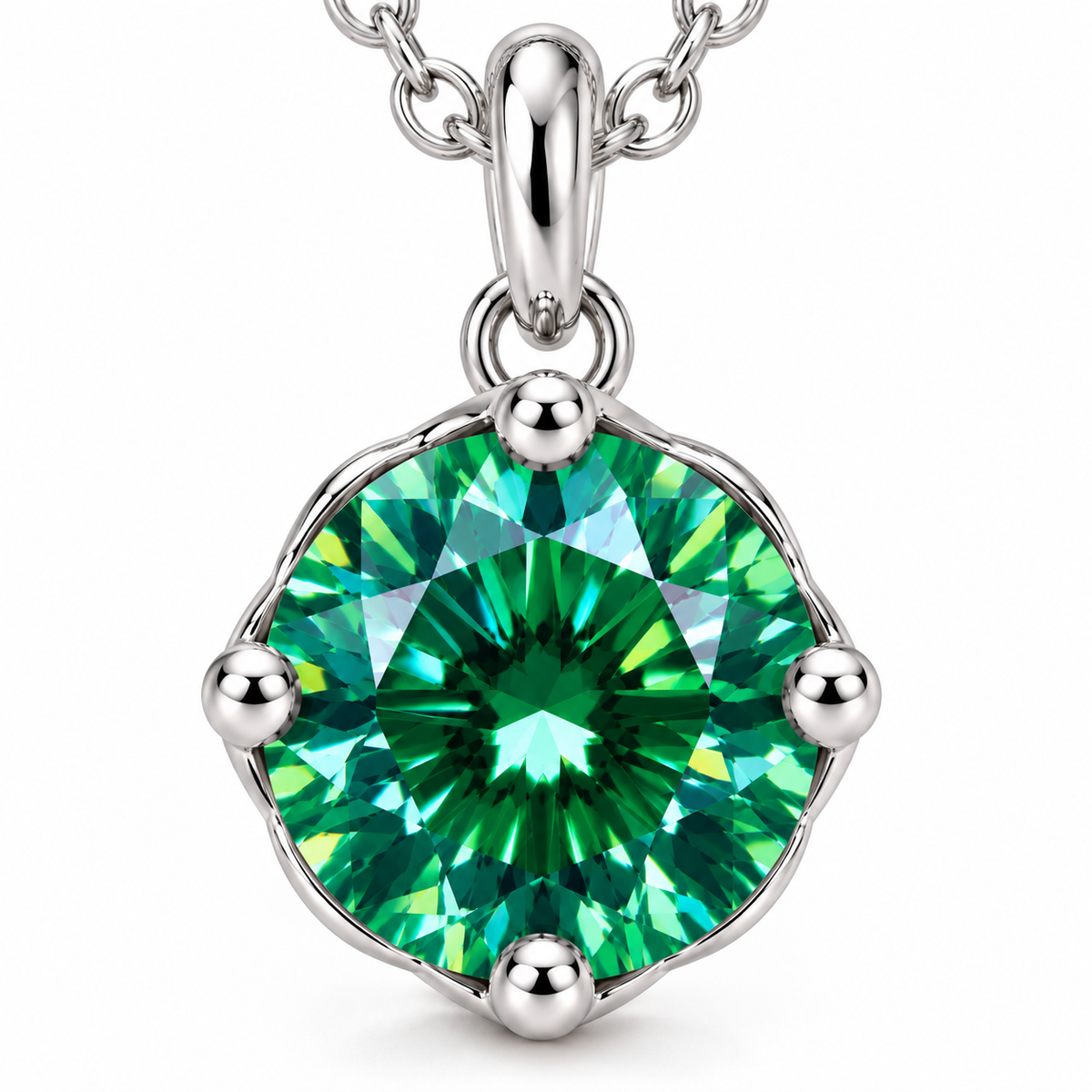 Extreme frontal macro of an 8mm green moissanite pendant displaying saturated emerald-green brilliance, intricate round brilliant faceting, four rounded silver prongs, and a polished sterling silver setting.