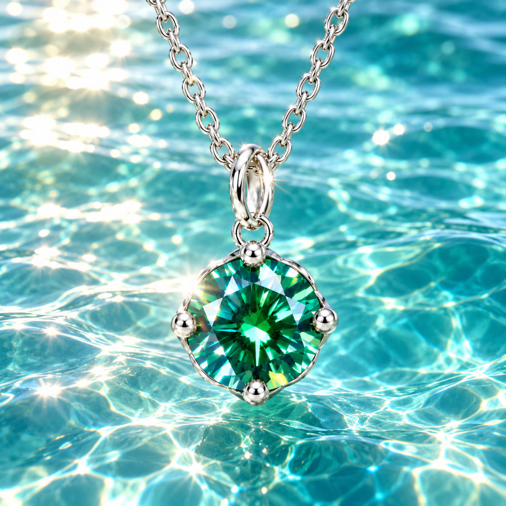 2 carat emerald green moissanite solitaire necklace suspended against sparkling teal-blue ocean water with natural sunlight illuminating the green round brilliant gemstone and polished sterling silver setting.