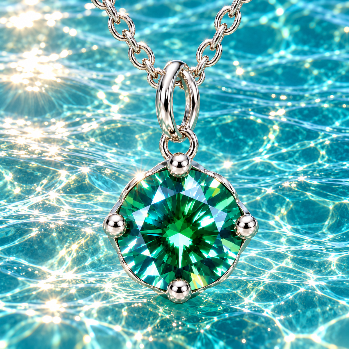 Extreme macro of an 8mm green moissanite pendant against sunlit turquoise ocean water, highlighting vivid emerald-green gemstone facets, brilliant reflections, four polished silver prongs, and sparkling ocean bokeh.