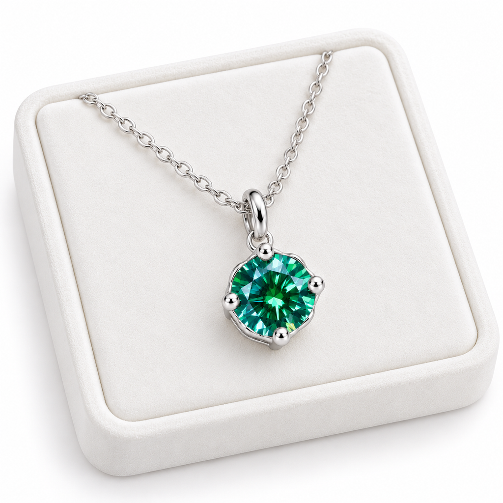 Angled white velvet jewelry tray displaying an 8mm round brilliant green moissanite pendant necklace with a four-prong sterling silver setting, delicate oval-link chain, and clean white background.