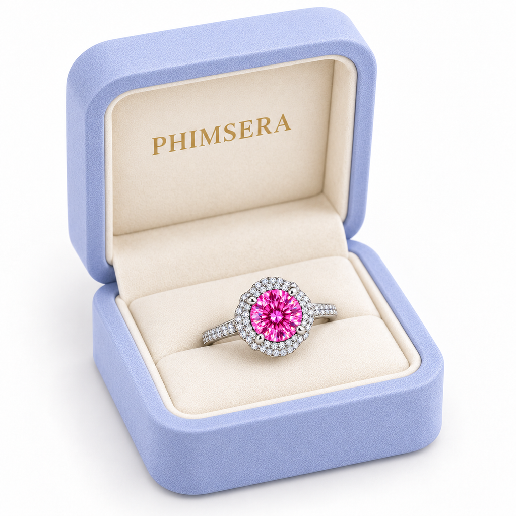 Three-quarter view of a 2 carat pink moissanite floral halo ring presented in a slightly turned periwinkle Phimsera jewelry box with cream velvet lining, gold branding and a pure white background.