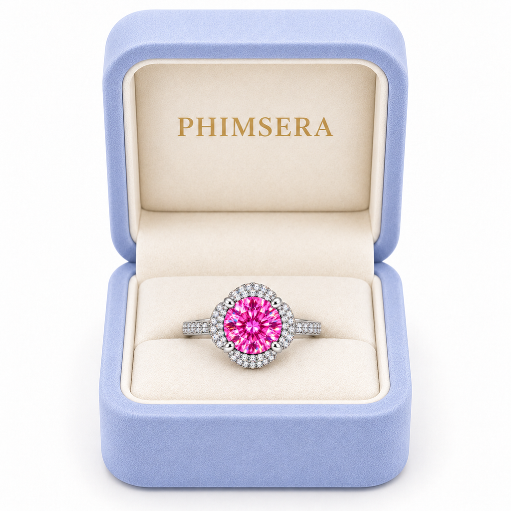 Brilliant pink moissanite floral halo ring displayed inside a periwinkle Phimsera jewelry gift box with an ivory velvet interior and gold PHIMSERA lettering against a clean white background.