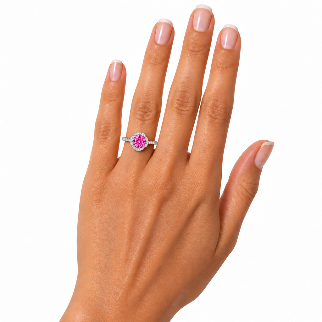 Phimsera 2 carat pink moissanite floral halo ring worn on a woman's ring finger, displaying the 8mm round brilliant fuchsia-pink gemstone, sparkling cubic zirconia floral setting and elegant sterling silver band against white.