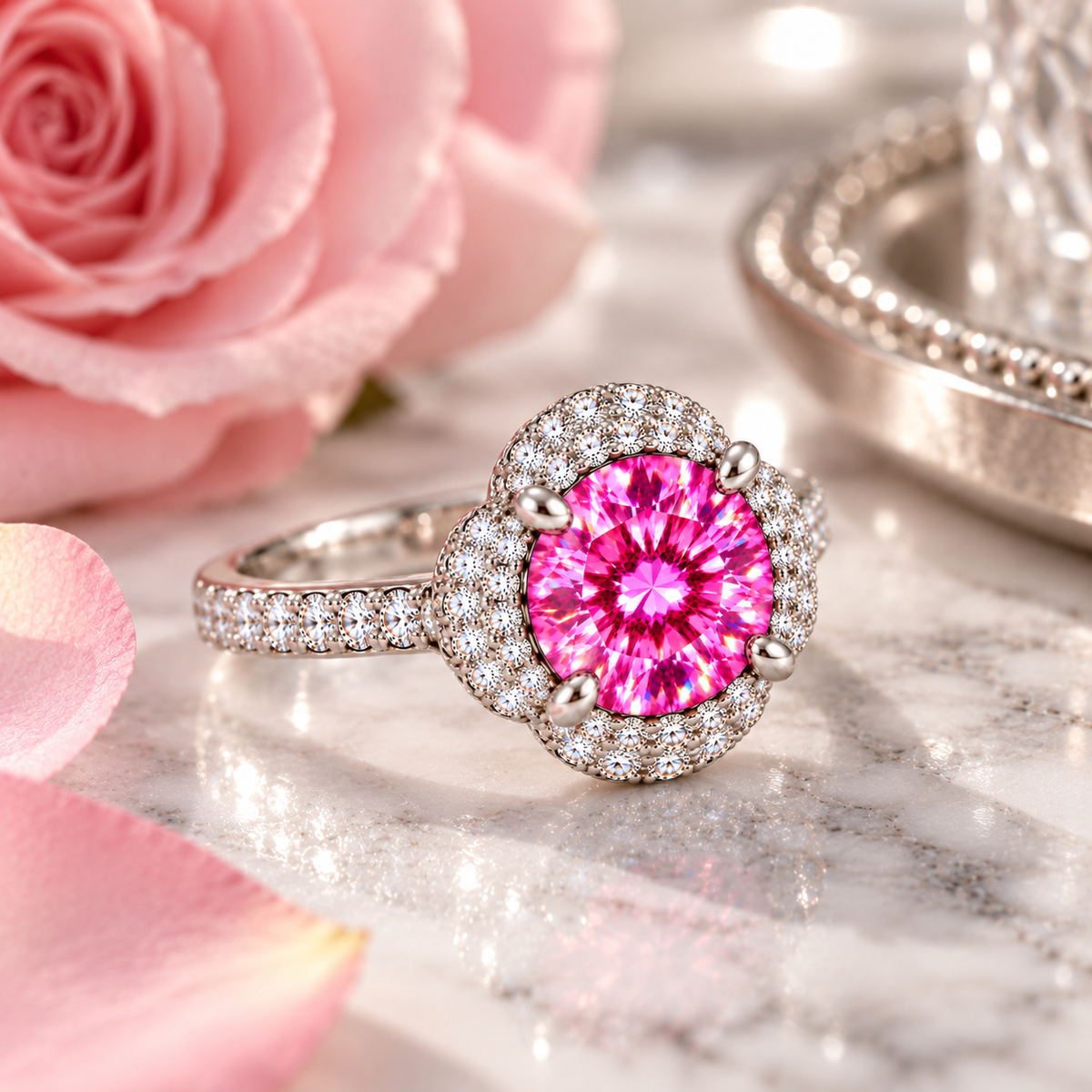 Angled lifestyle photograph of a 2 carat pink moissanite floral halo ring resting on elegant white marble with silver-gray veining, soft pink rose petals and reflective silver accents, showcasing the vibrant gemstone and sparkling sterling silver band.