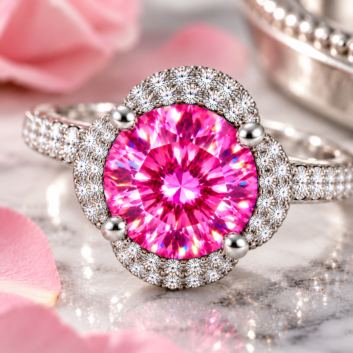 Close-up lifestyle photograph of a brilliant 8mm fuchsia-pink moissanite floral halo ring on white marble with soft pink petals and silver accents, highlighting the round brilliant gemstone's rainbow fire and sparkling cubic zirconia setting.
