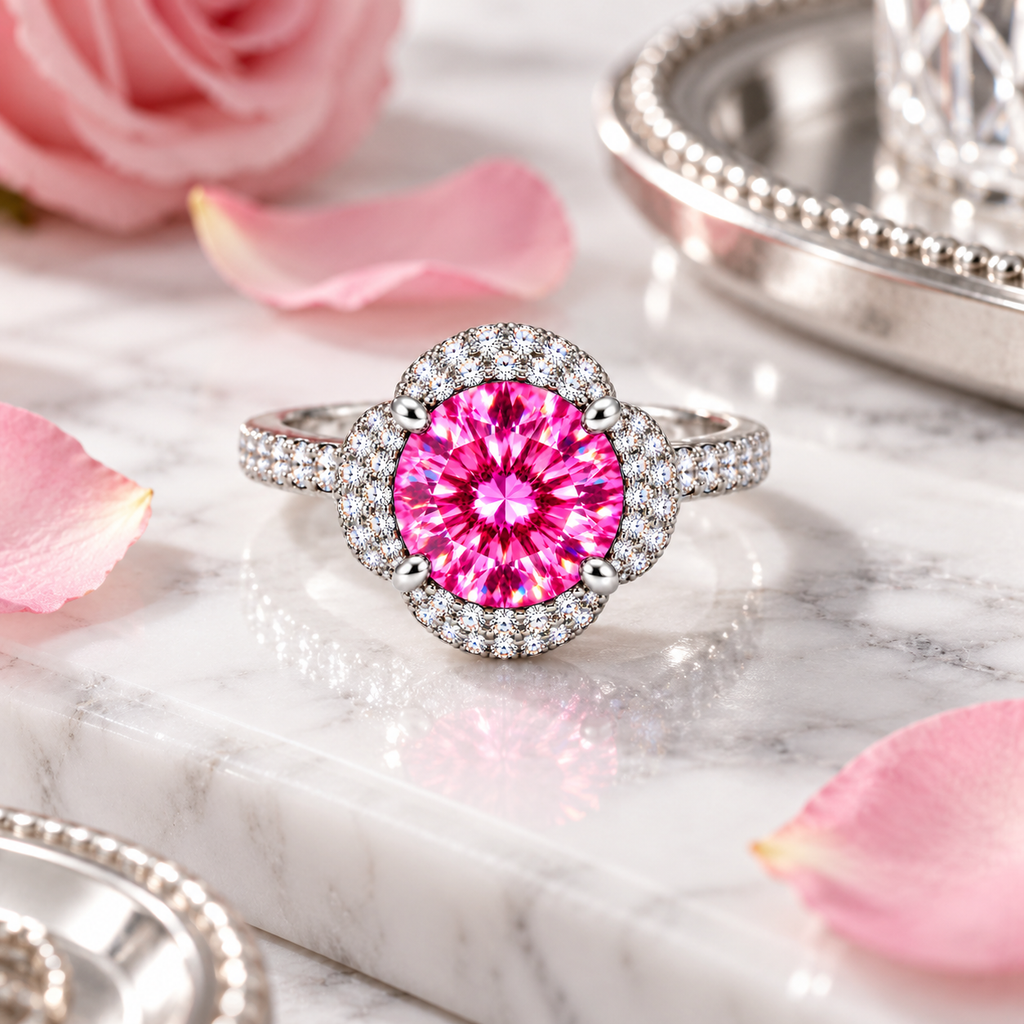 A pink round-cut halo ring with a silver-toned pavé band, displayed on a white marble slab with pink rose petals and silver trays in the background.