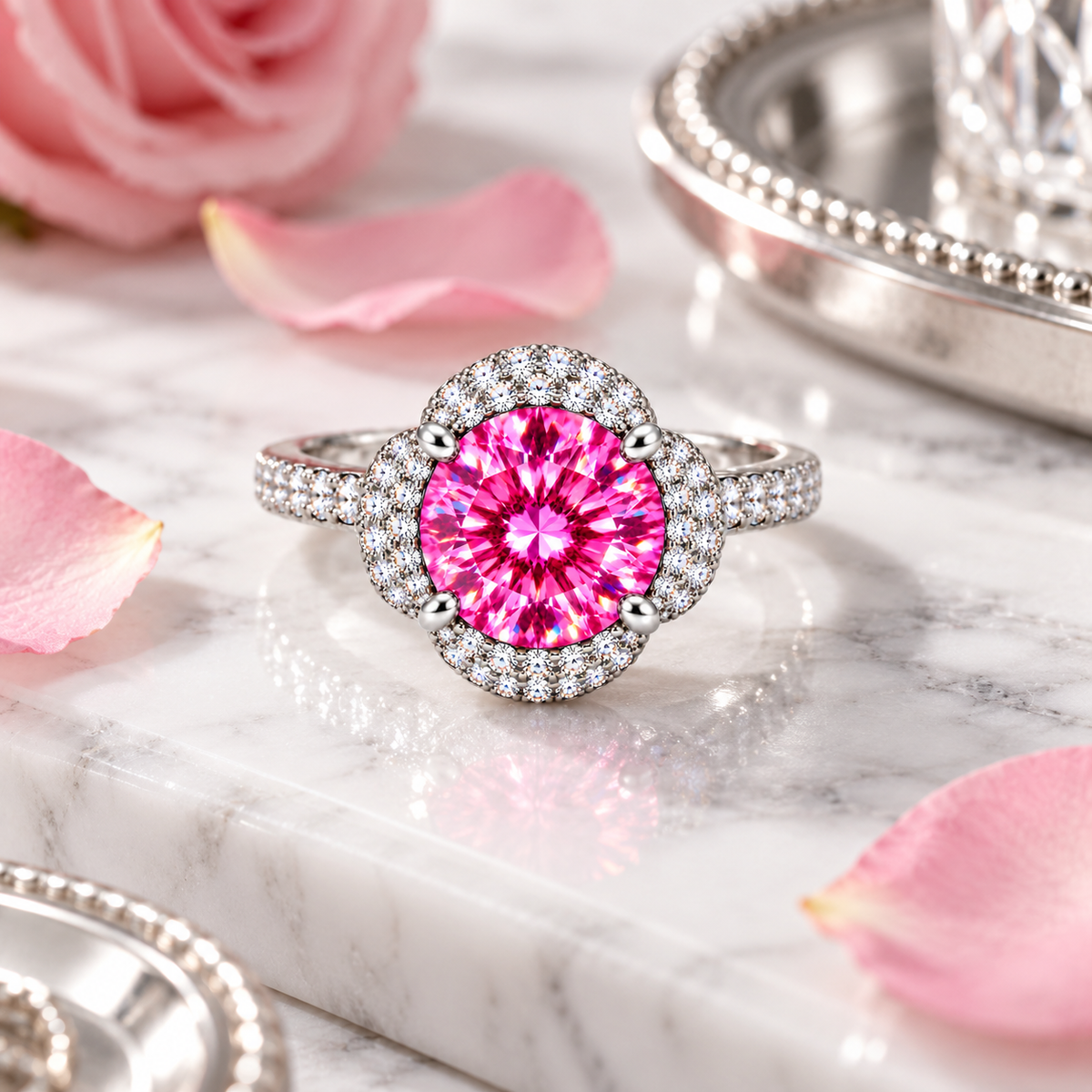 A pink round-cut halo ring with a silver-toned pavé band, displayed on a white marble slab with pink rose petals and silver trays in the background.
