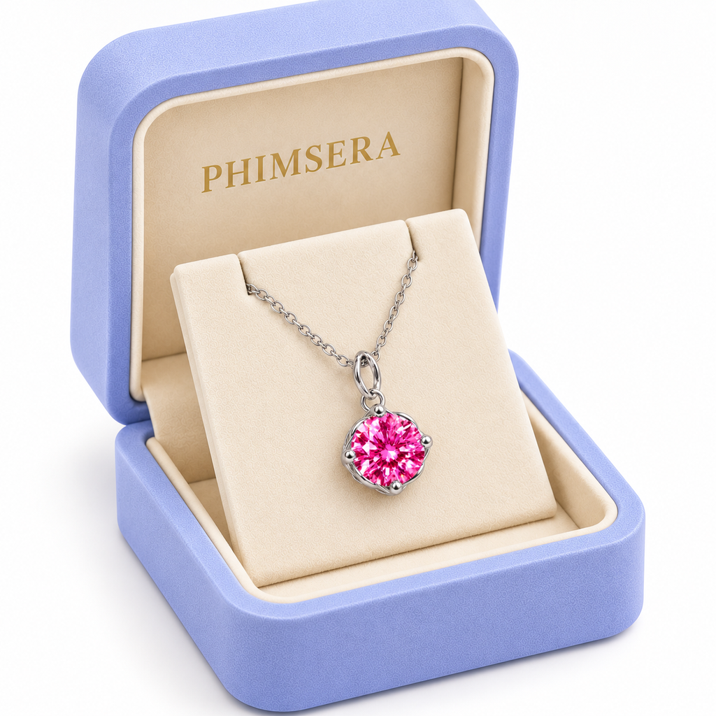 Angled presentation of a periwinkle Phimsera jewelry gift box containing a delicate sterling silver necklace with a brilliant 8mm round pink moissanite pendant and elegant ivory jewelry insert.