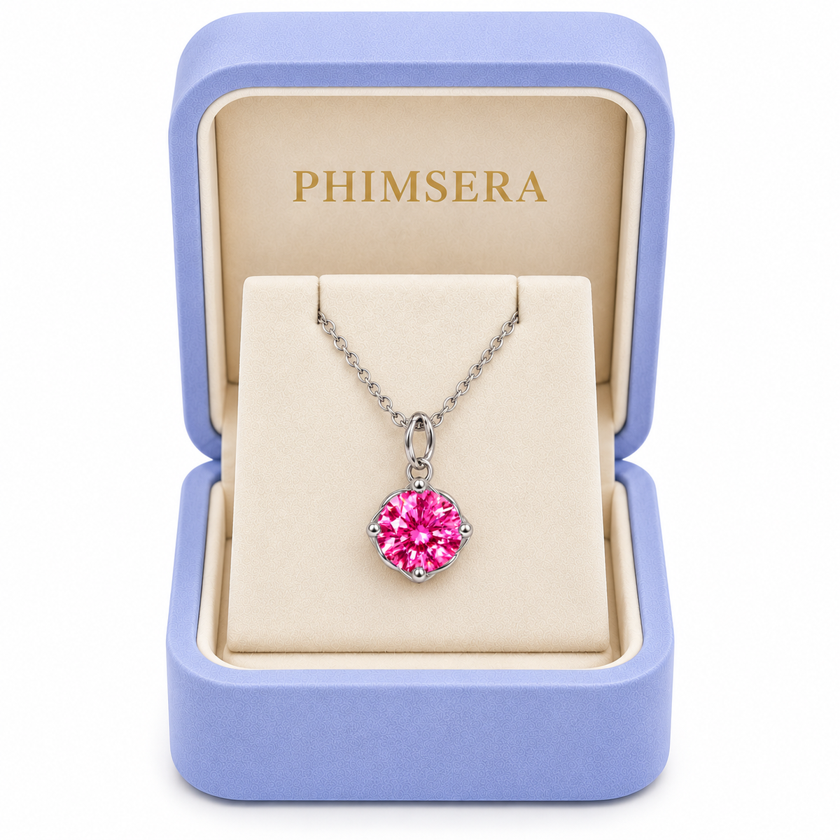 2 carat pink moissanite solitaire necklace displayed inside an open periwinkle Phimsera jewelry gift box with an ivory interior, gold Phimsera logo, and brilliant 8mm fuchsia-pink gemstone.