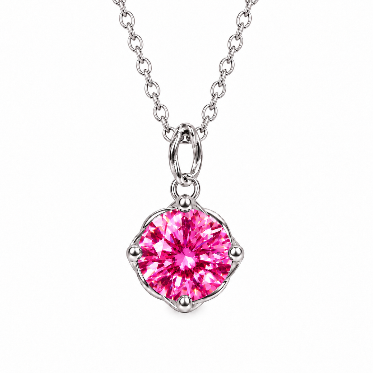 2 carat pink moissanite solitaire necklace featuring an 8mm VVS1 round brilliant fuchsia-pink gemstone in a four-prong platinum-plated 925 sterling silver setting with a delicate silver chain on a white background.