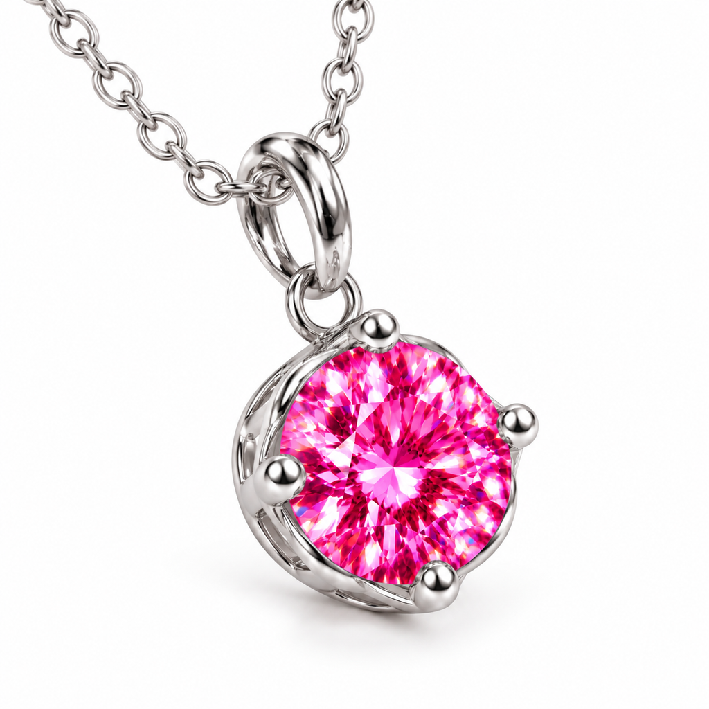 Angled view of a 2 carat pink moissanite pendant necklace displaying vivid fuchsia and magenta facets, brilliant white reflections, a polished silver four-prong setting, and an elegant oval pendant bail.