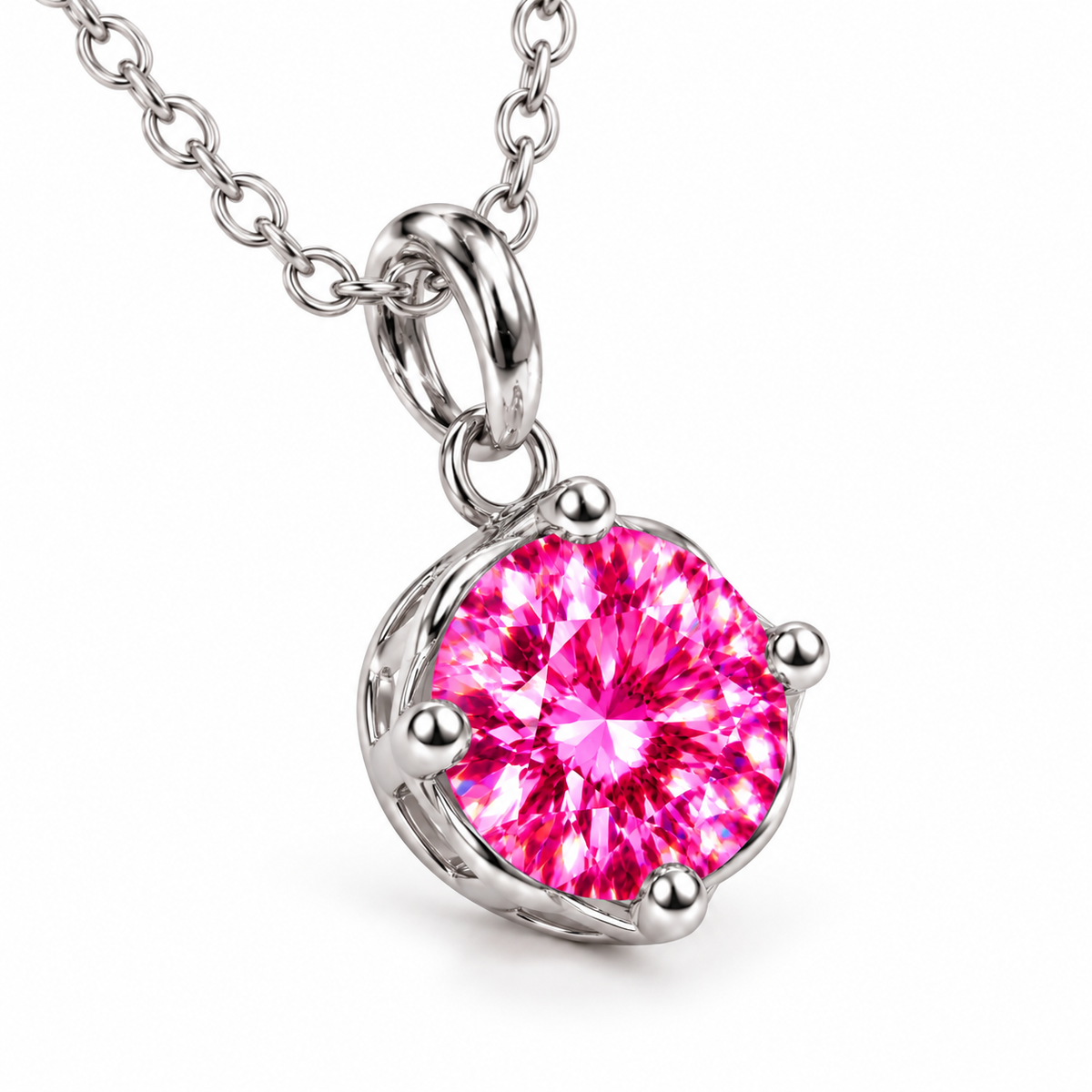 Angled view of a 2 carat pink moissanite pendant necklace displaying vivid fuchsia and magenta facets, brilliant white reflections, a polished silver four-prong setting, and an elegant oval pendant bail.