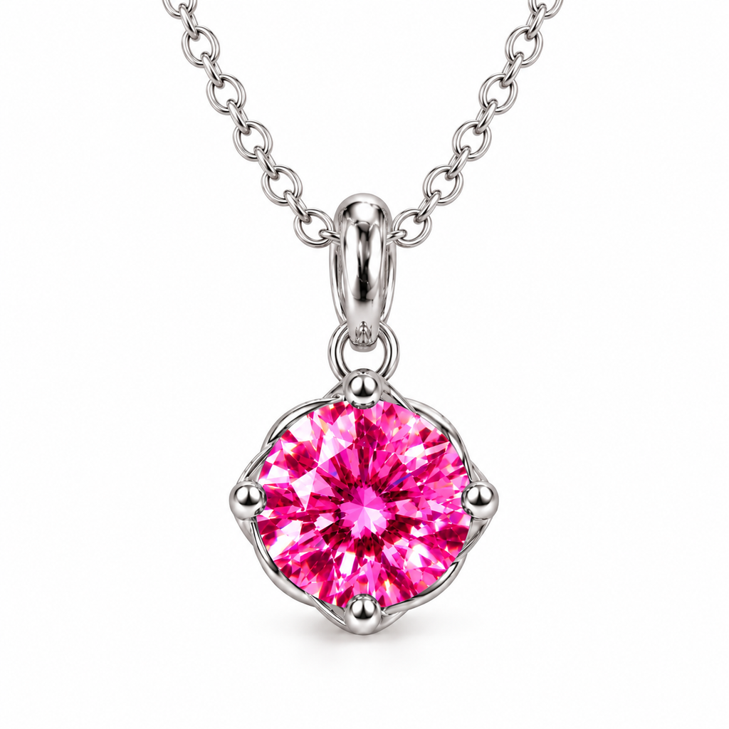 Frontal view of an 8mm VVS1 pink moissanite solitaire pendant necklace featuring a brilliant round-cut gemstone, four rounded silver prongs, a polished oval bail, and a delicate sterling silver chain against white.