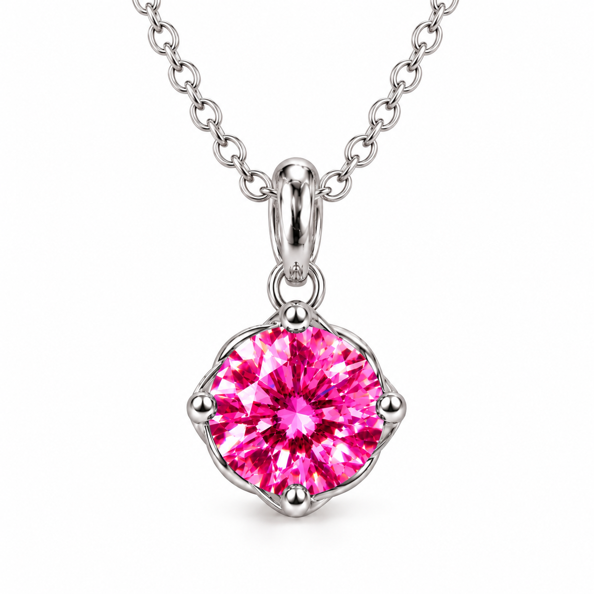 Frontal view of an 8mm VVS1 pink moissanite solitaire pendant necklace featuring a brilliant round-cut gemstone, four rounded silver prongs, a polished oval bail, and a delicate sterling silver chain against white.