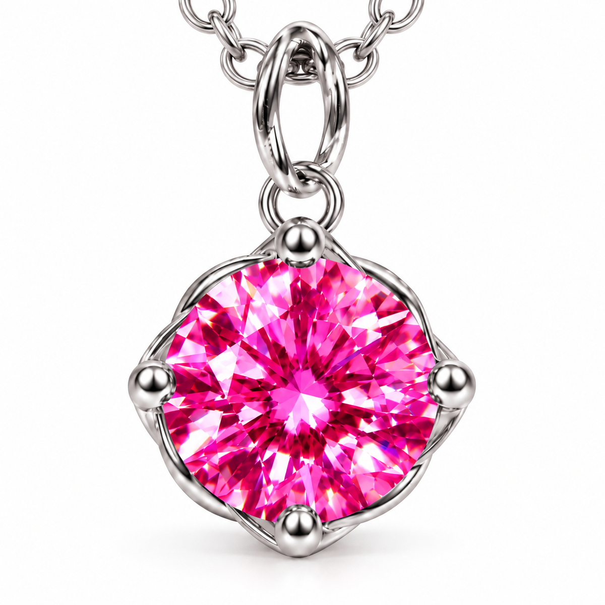 Close-up frontal macro of a brilliant 2 carat pink moissanite solitaire pendant highlighting vibrant fuchsia-pink facets, magenta reflections, four rounded silver prongs, and a delicate circular setting.