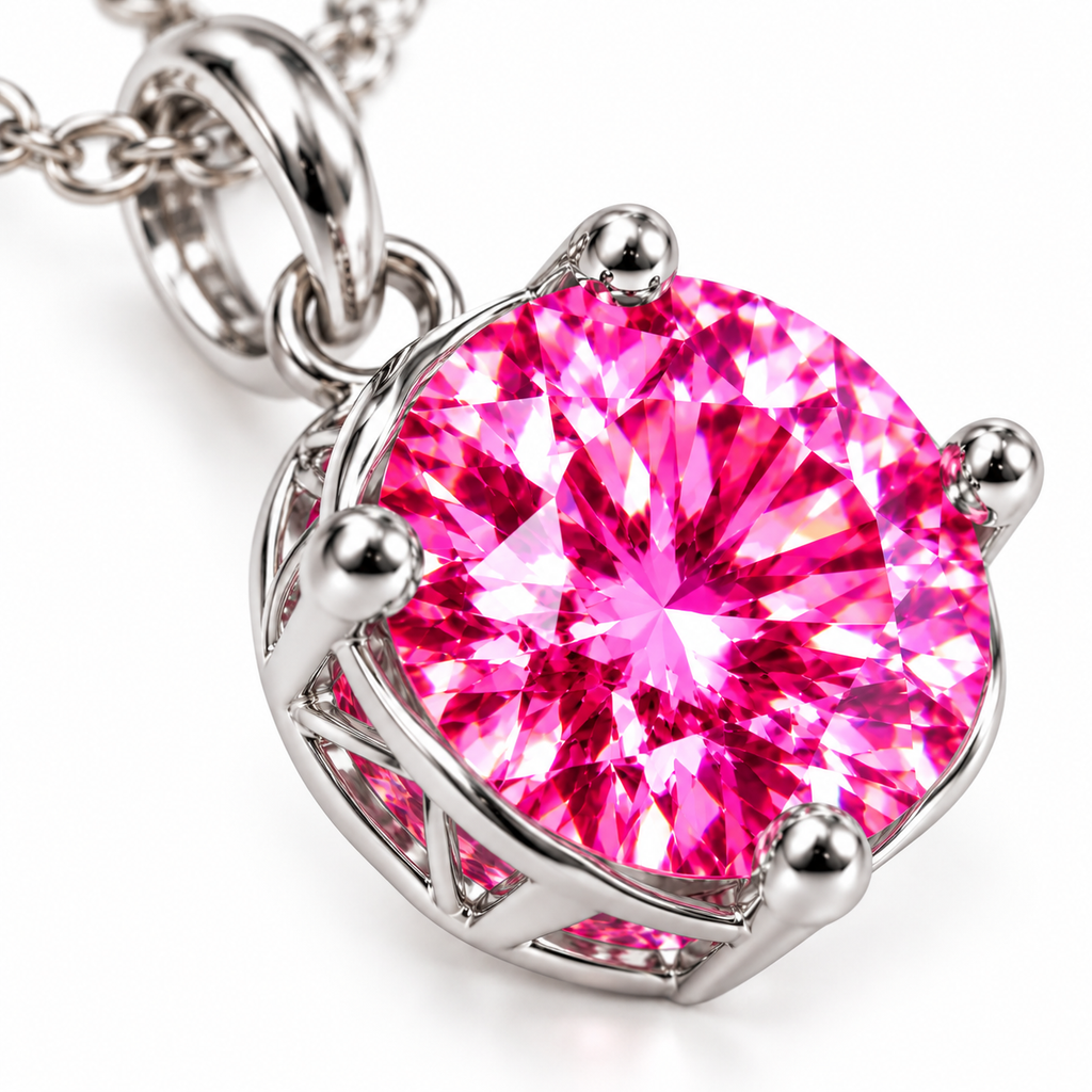 Extreme angled macro of an 8mm round brilliant pink moissanite pendant displaying detailed fuchsia gemstone facets, bright white reflections, polished silver prongs, and an open basket setting.