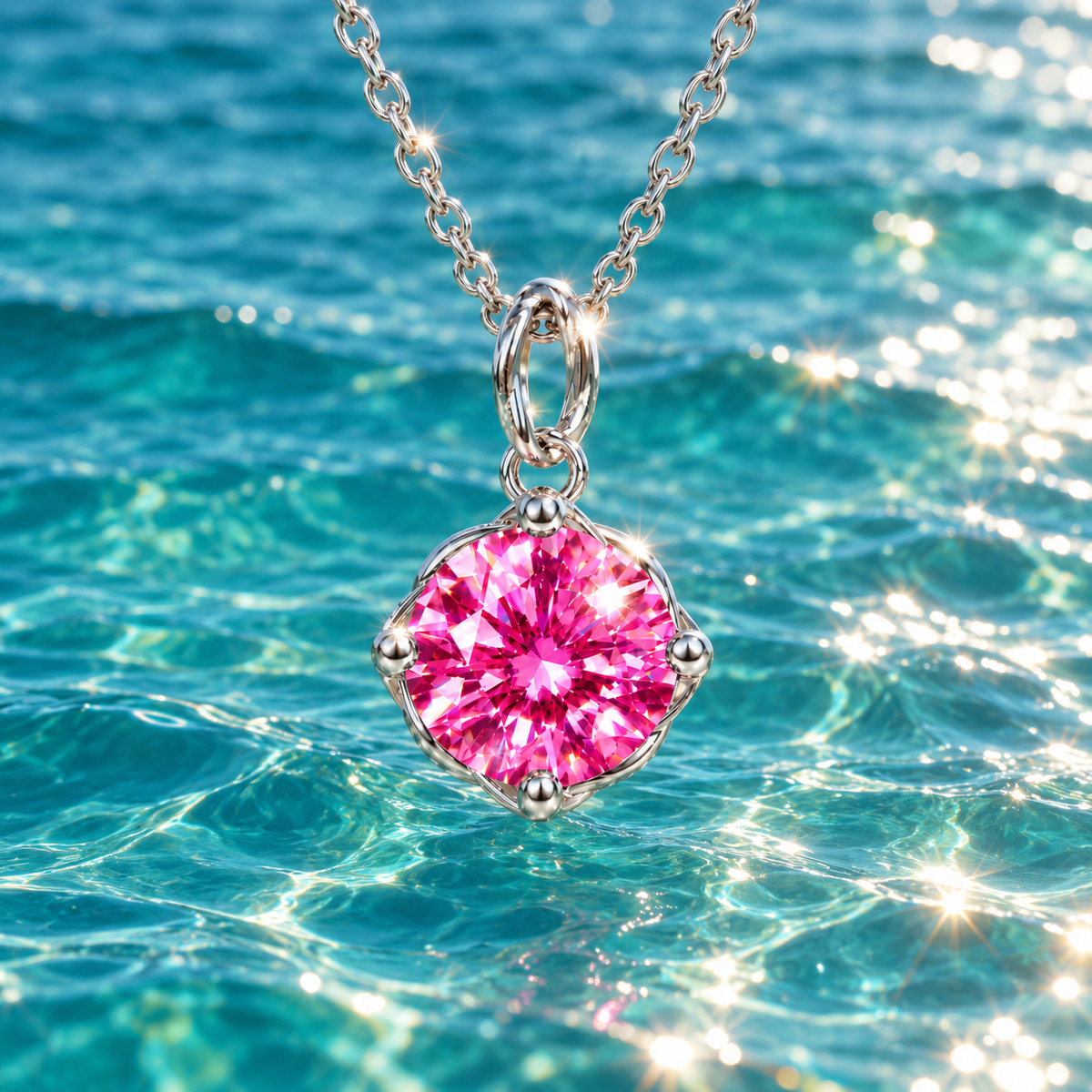 2 carat pink moissanite solitaire pendant necklace suspended against sparkling teal-blue ocean water, with sunlight illuminating the vivid fuchsia gemstone, polished silver prongs, and delicate sterling silver chain.