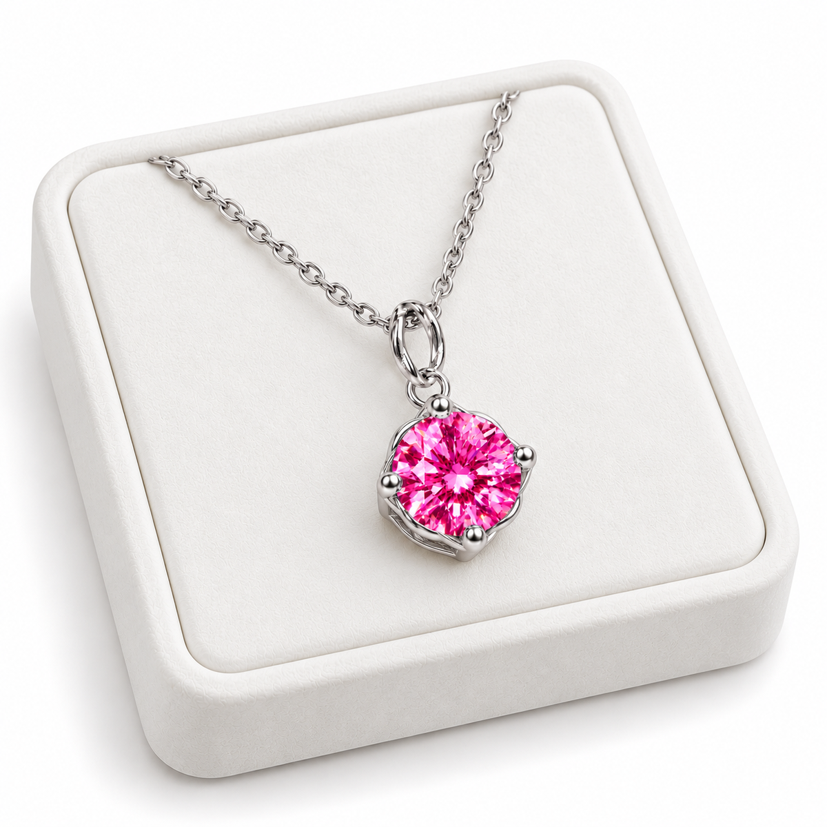Angled white velvet jewelry tray displaying a 2 carat pink moissanite solitaire necklace with an 8mm VVS1 round brilliant gemstone and delicate platinum-plated sterling silver chain on a white background.