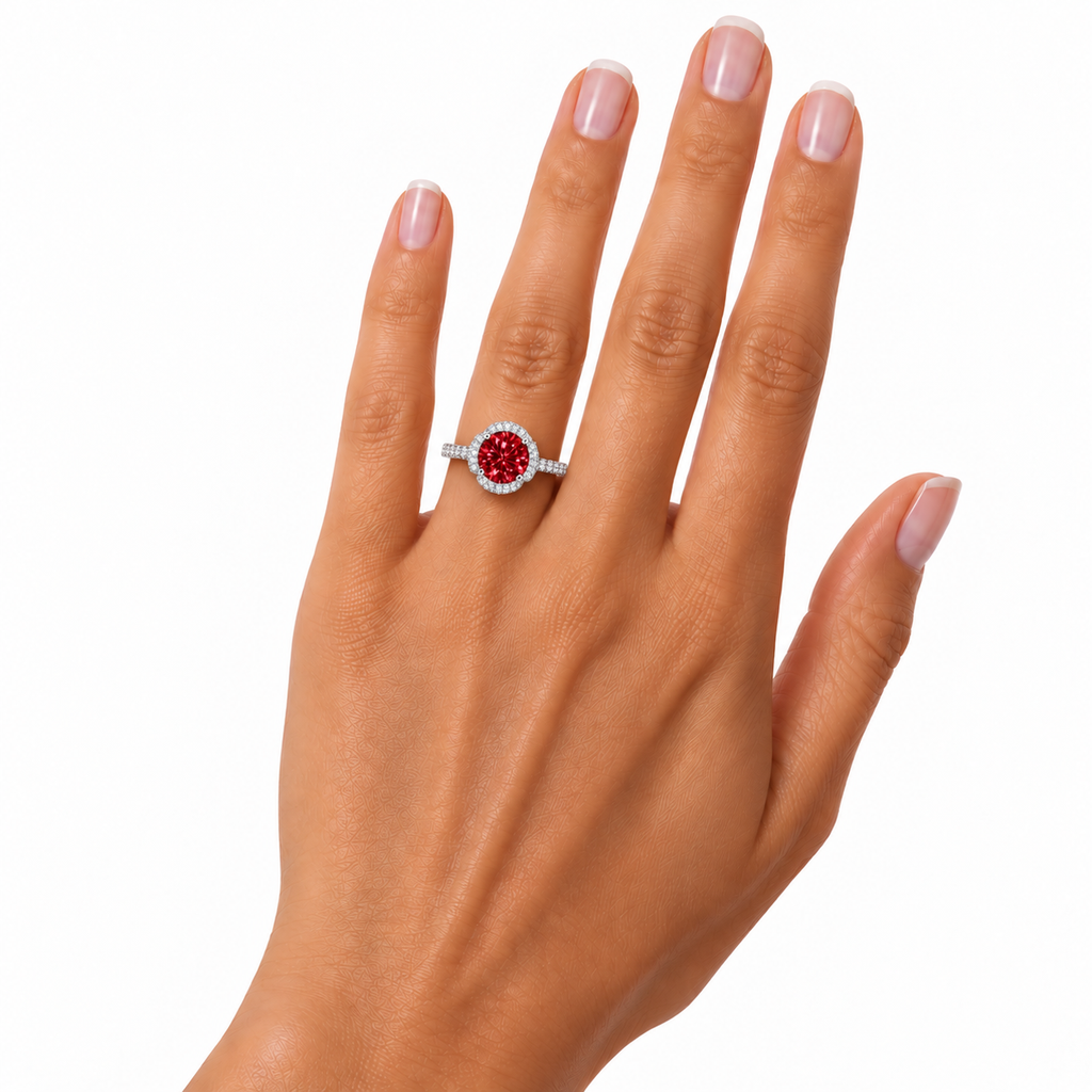 Phimsera 2 carat red moissanite floral halo ring worn on a woman's ring finger, displaying the 8mm round brilliant crimson gemstone, sparkling cubic zirconia floral setting and elegant sterling silver band against white.