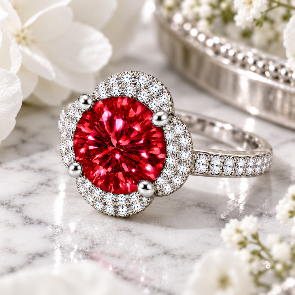 Angled lifestyle photograph of a 2 carat red moissanite floral halo ring resting on elegant white marble with silver-gray veining, pure white flowers and reflective silver accents, showcasing the vibrant crimson gemstone and sparkling sterling silver band.