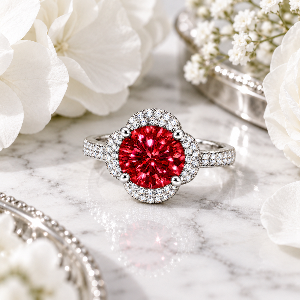 Phimsera 2 carat red moissanite floral halo ring displayed on polished white marble with soft silver-gray veining, surrounded by pure white flowers and elegant silver accents.