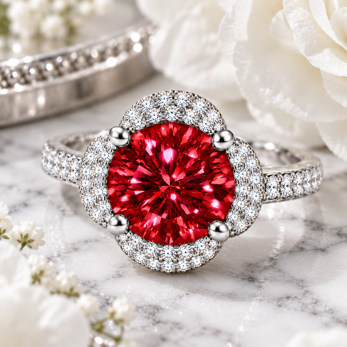 Close-up lifestyle photograph of a brilliant 8mm crimson-red moissanite floral halo ring on white marble, surrounded by soft white flowers and silver accents, highlighting the round brilliant gemstone and sparkling cubic zirconia setting.