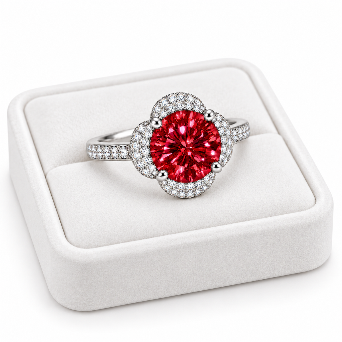 Angled view of an 8mm red moissanite floral halo ring resting on a slightly turned white velvet jewelry tray, showcasing the brilliant crimson gemstone, delicate four-petal halo and pavé sterling silver band.