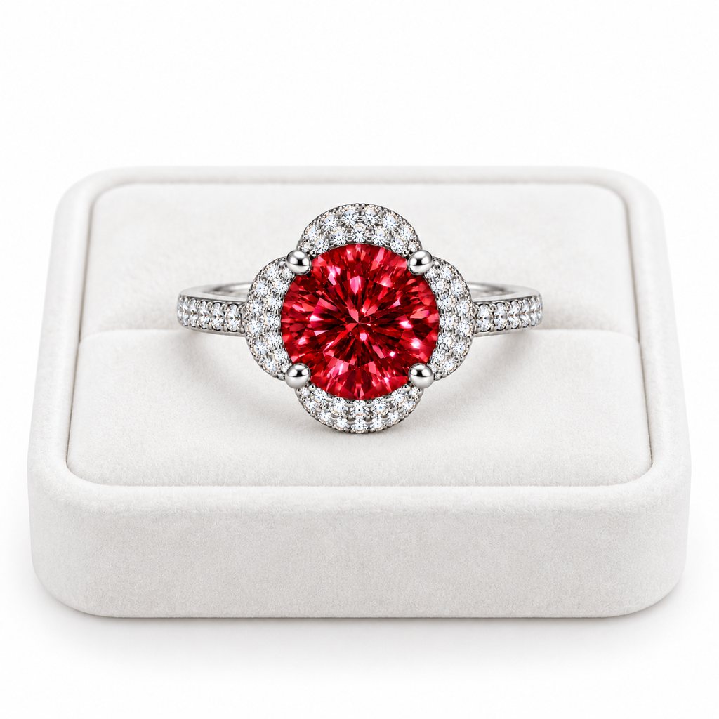 Phimsera 2 carat brilliant red moissanite floral halo ring displayed on a premium white velvet jewelry tray against a pure white background, featuring a vibrant crimson center gemstone and sparkling cubic zirconia accents.
