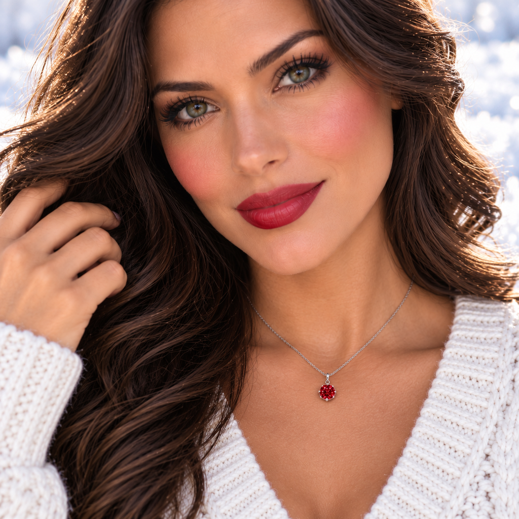 Close-up portrait of a brunette model with green eyes, rosy cheeks, and red lipstick wearing a delicate sterling silver necklace with a brilliant 2 carat crimson-red moissanite pendant, white knitted sweater, and softly blurred snowy background.