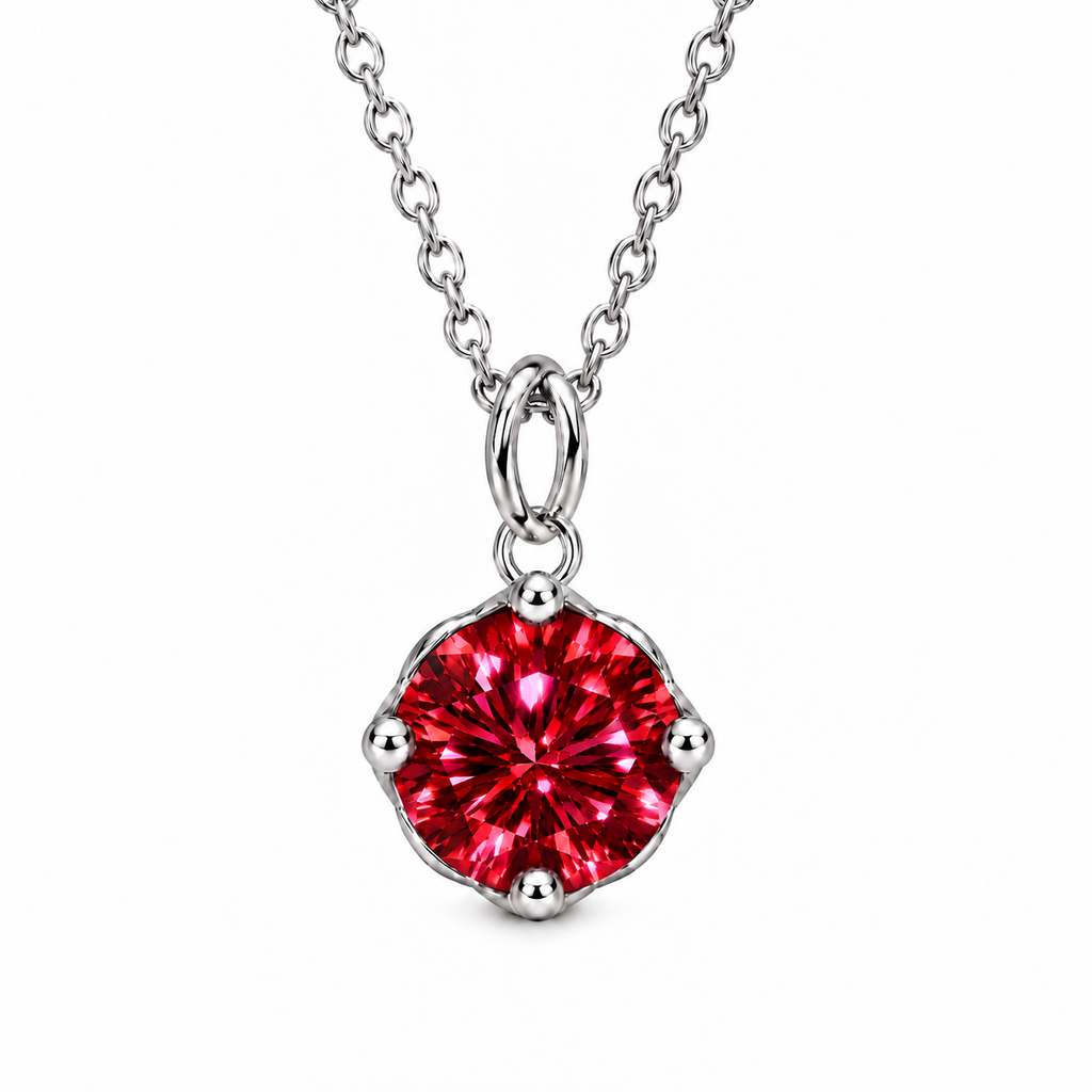 2 carat red moissanite solitaire necklace featuring an 8mm round brilliant crimson-red gemstone with four polished silver prongs, platinum-plated 925 sterling silver setting, and delicate oval-link chain on a pure white background.