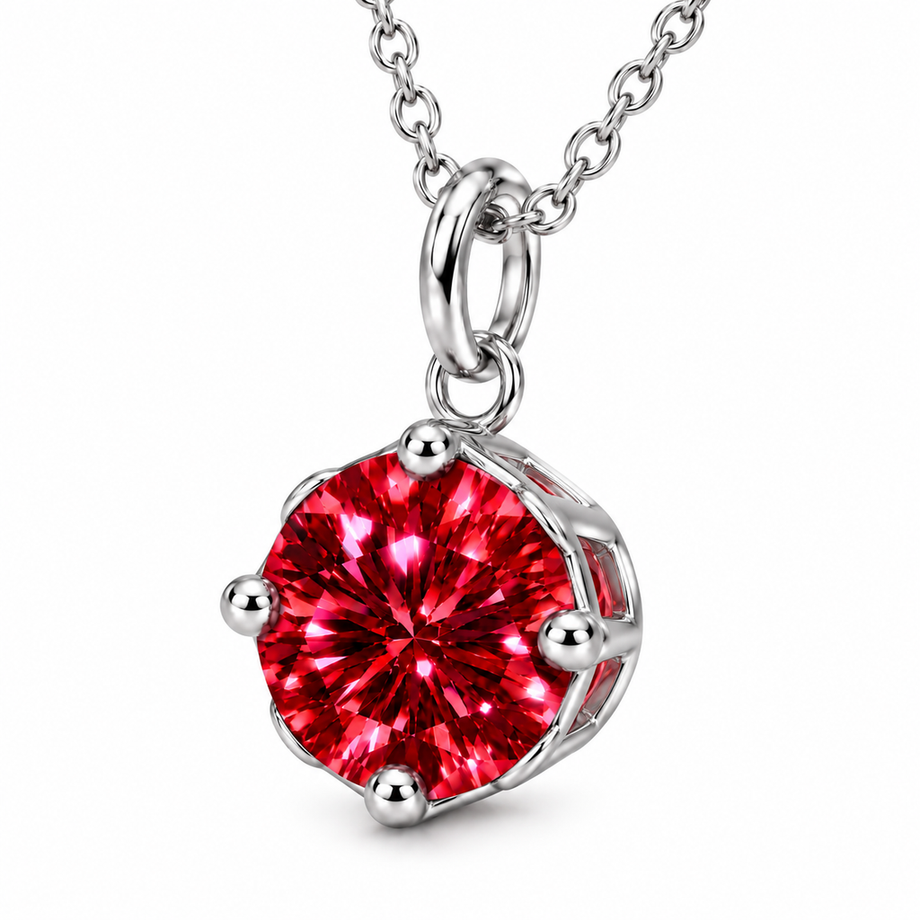 Angled view of an 8mm red moissanite pendant necklace displaying vivid crimson-red facets, four rounded silver prongs, an open solitaire basket setting, and a polished sterling silver chain.