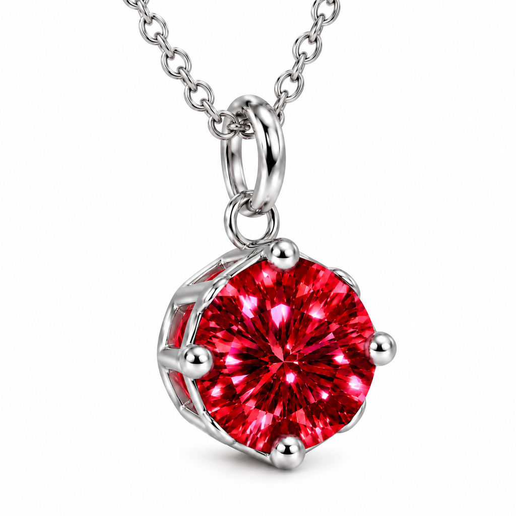Three-quarter view of a 2 carat red moissanite solitaire pendant showing brilliant ruby-red gemstone reflections, a polished four-prong silver setting, an elongated oval bail, and an elegant sterling silver chain.