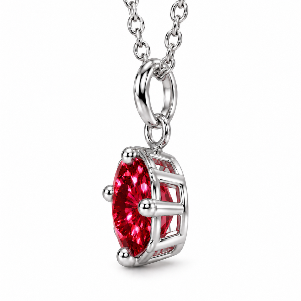Side profile of an 8mm red moissanite solitaire necklace showing the round brilliant gemstone depth, vivid crimson-red reflections, open four-prong silver basket setting, and polished oval pendant bail.