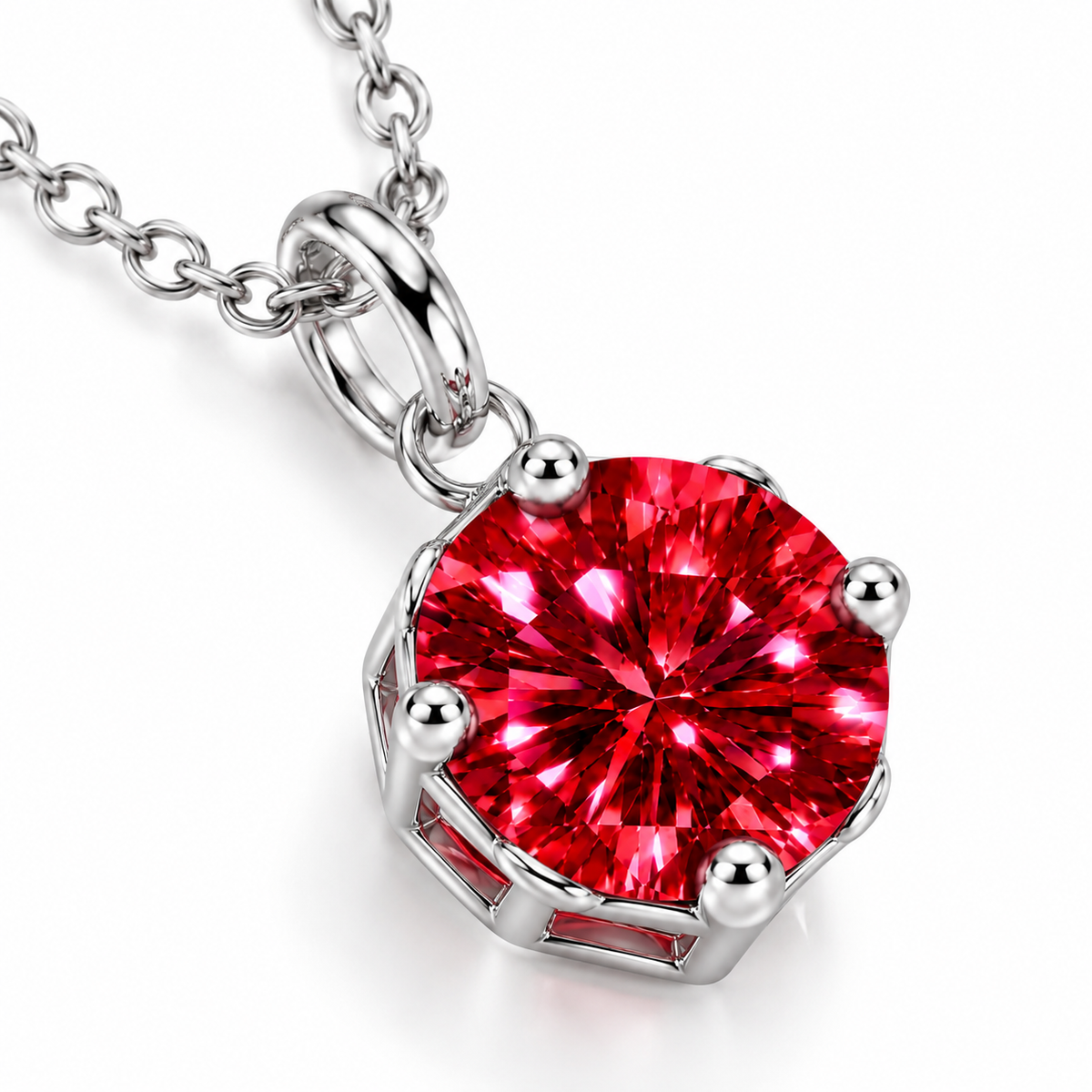 Angled macro photograph of a 2 carat red moissanite pendant highlighting brilliant crimson-red gemstone facets, cherry-red reflections, four polished silver prongs, and an elegant open solitaire setting.