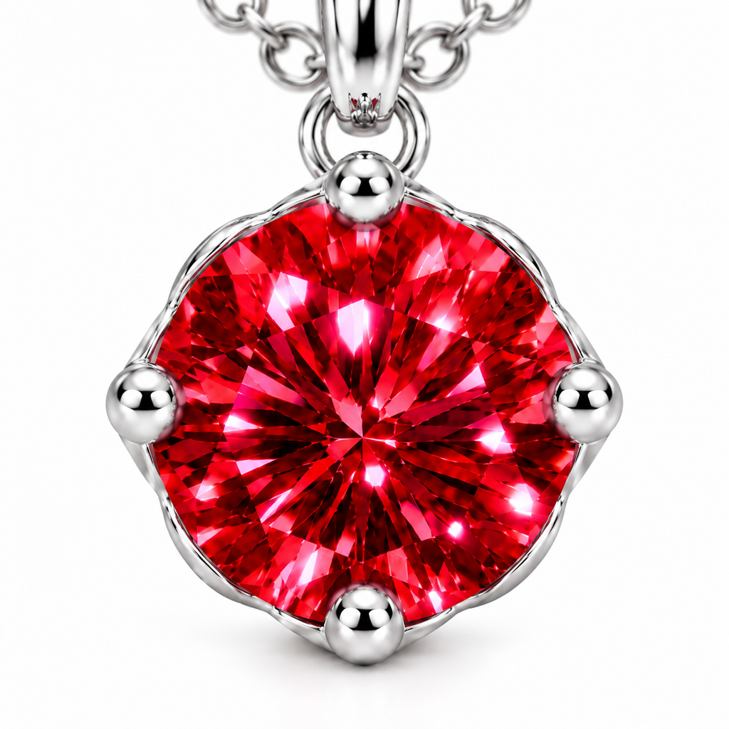 Extreme frontal macro of an 8mm VVS1 red moissanite pendant displaying intricate round brilliant faceting, saturated crimson-red brilliance, four rounded silver prongs, and a polished sterling silver setting.