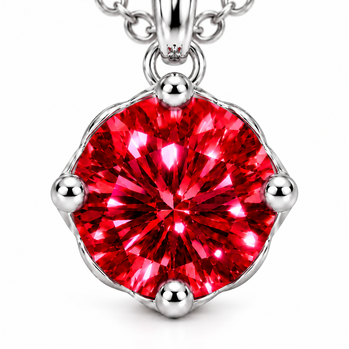 Extreme frontal macro of an 8mm VVS1 red moissanite pendant displaying intricate round brilliant faceting, saturated crimson-red brilliance, four rounded silver prongs, and a polished sterling silver setting.