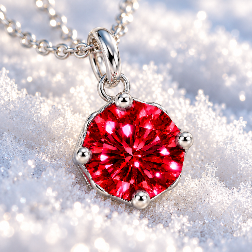 Extreme macro of an 8mm red moissanite pendant against sparkling white snow, highlighting vivid crimson-red gemstone facets, four polished silver prongs, brilliant reflections, and soft winter bokeh.