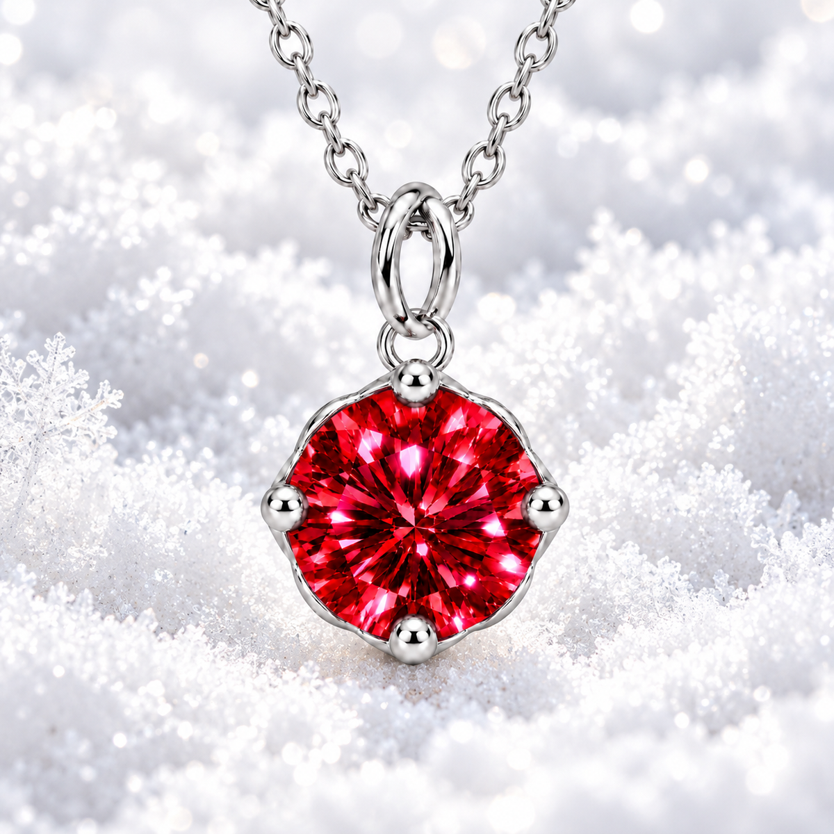 2 carat crimson-red moissanite solitaire necklace suspended against sparkling bright white snow with natural winter sunlight illuminating the brilliant red gemstone and polished sterling silver setting.