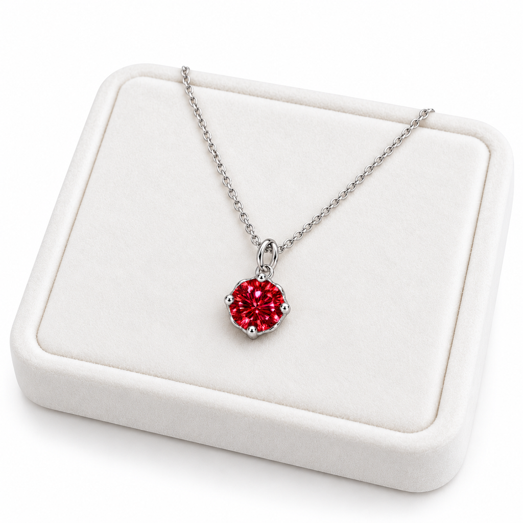 Angled white velvet jewelry tray displaying an 8mm round brilliant red moissanite pendant necklace with a four-prong sterling silver setting, delicate oval-link chain, and bright white studio background.