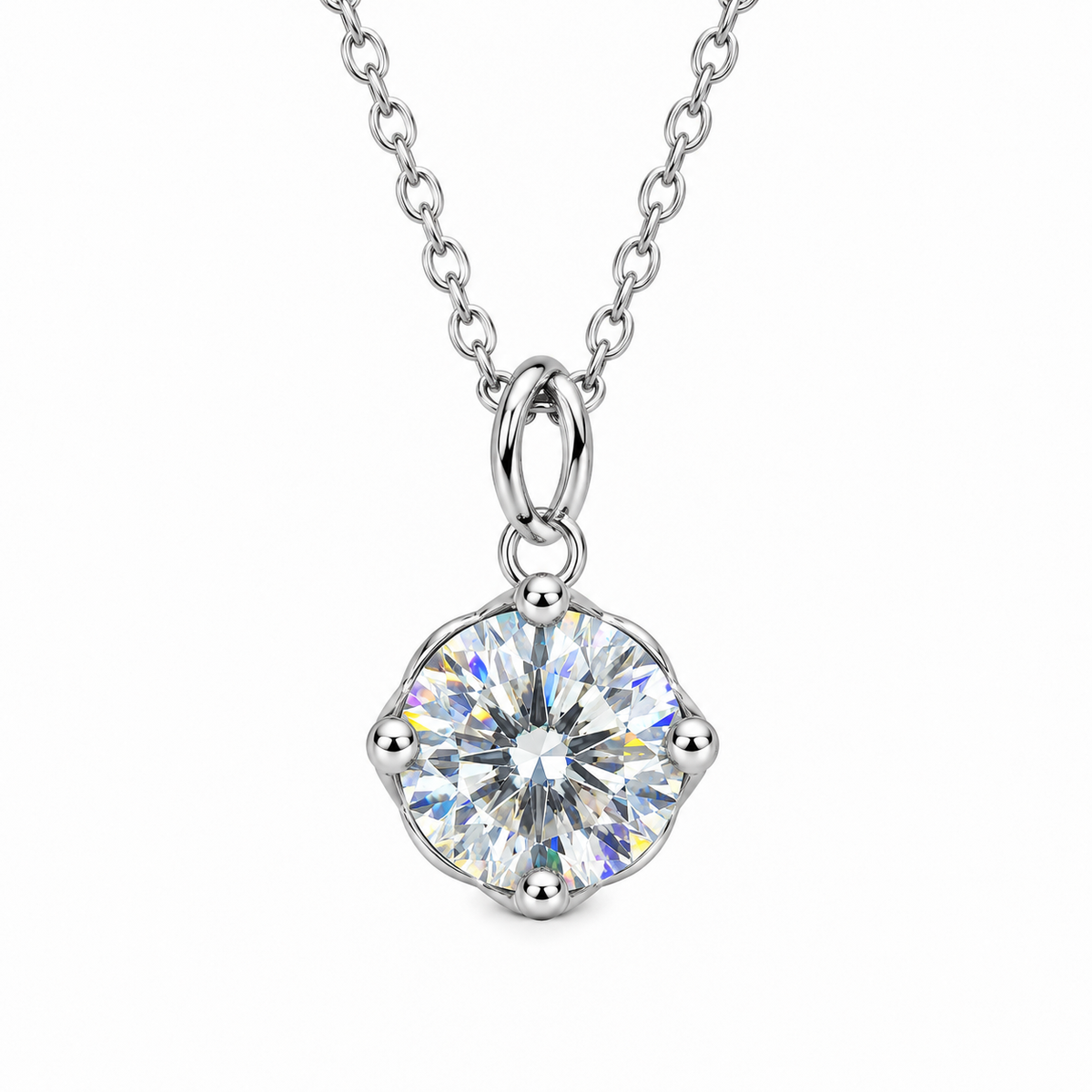2 carat white moissanite solitaire necklace featuring an 8mm VVS1 round brilliant gemstone in a four-prong platinum-plated 925 sterling silver setting with a delicate silver chain on a pure white background.