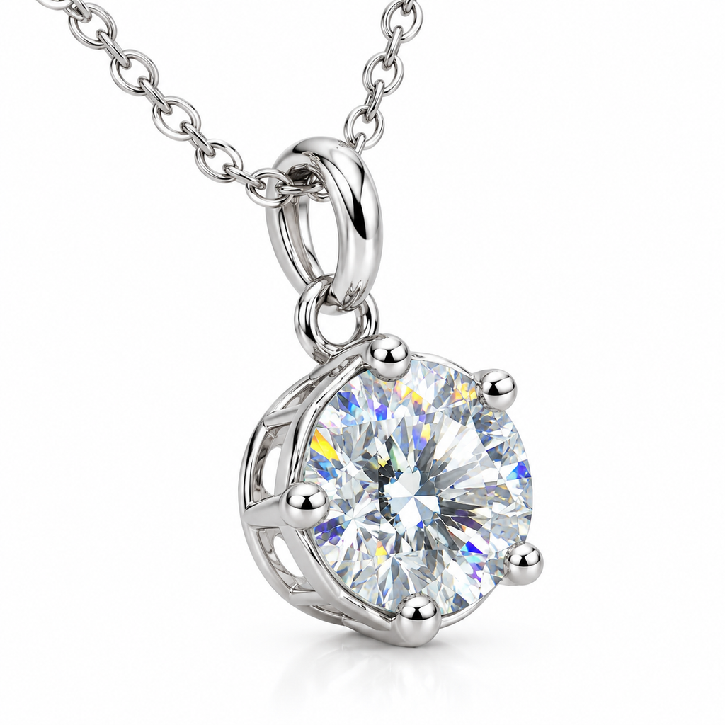 Angled close-up of an 8mm white moissanite solitaire pendant showing brilliant faceting, polished silver prongs, an open gallery setting, and a delicate oval-link chain.