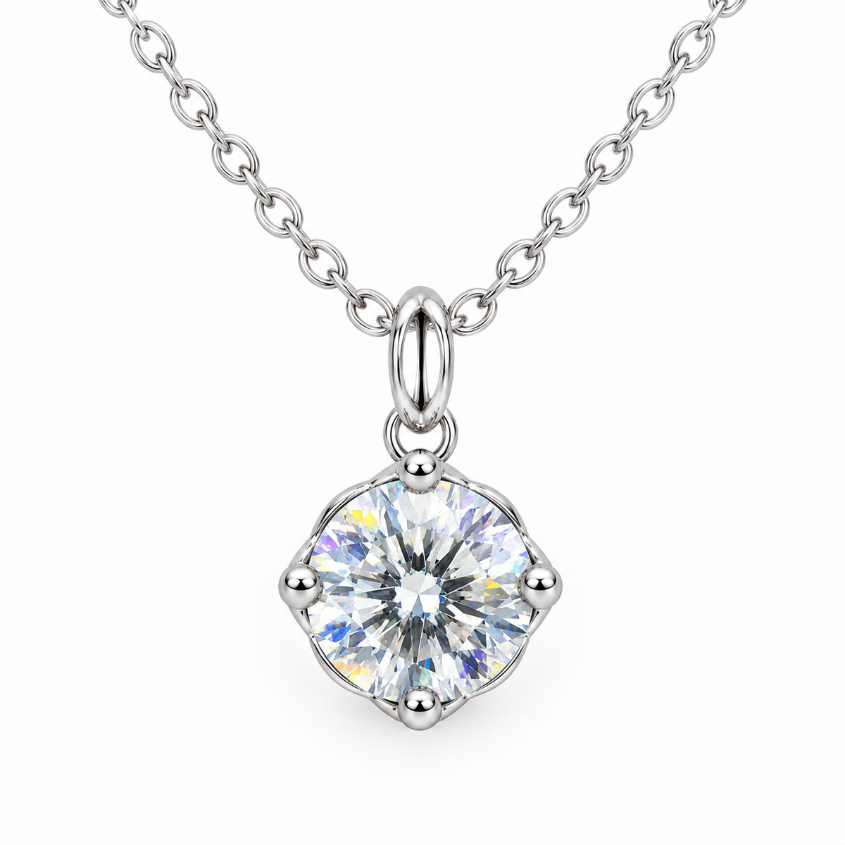 Frontal view of a 2 carat round brilliant white moissanite necklace with VVS1 clarity, four rounded silver prongs, a polished oval pendant bail, and a sterling silver chain.