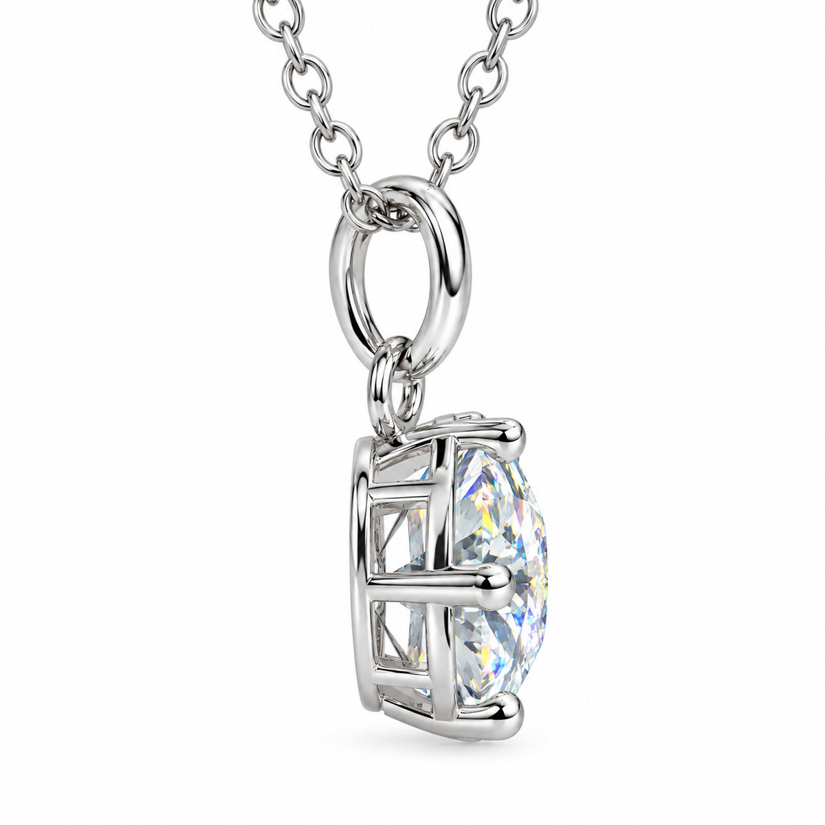 Side profile of an 8mm white moissanite pendant necklace showing the gemstone depth, open four-prong silver basket setting, polished connecting ring, and elongated oval bail.
