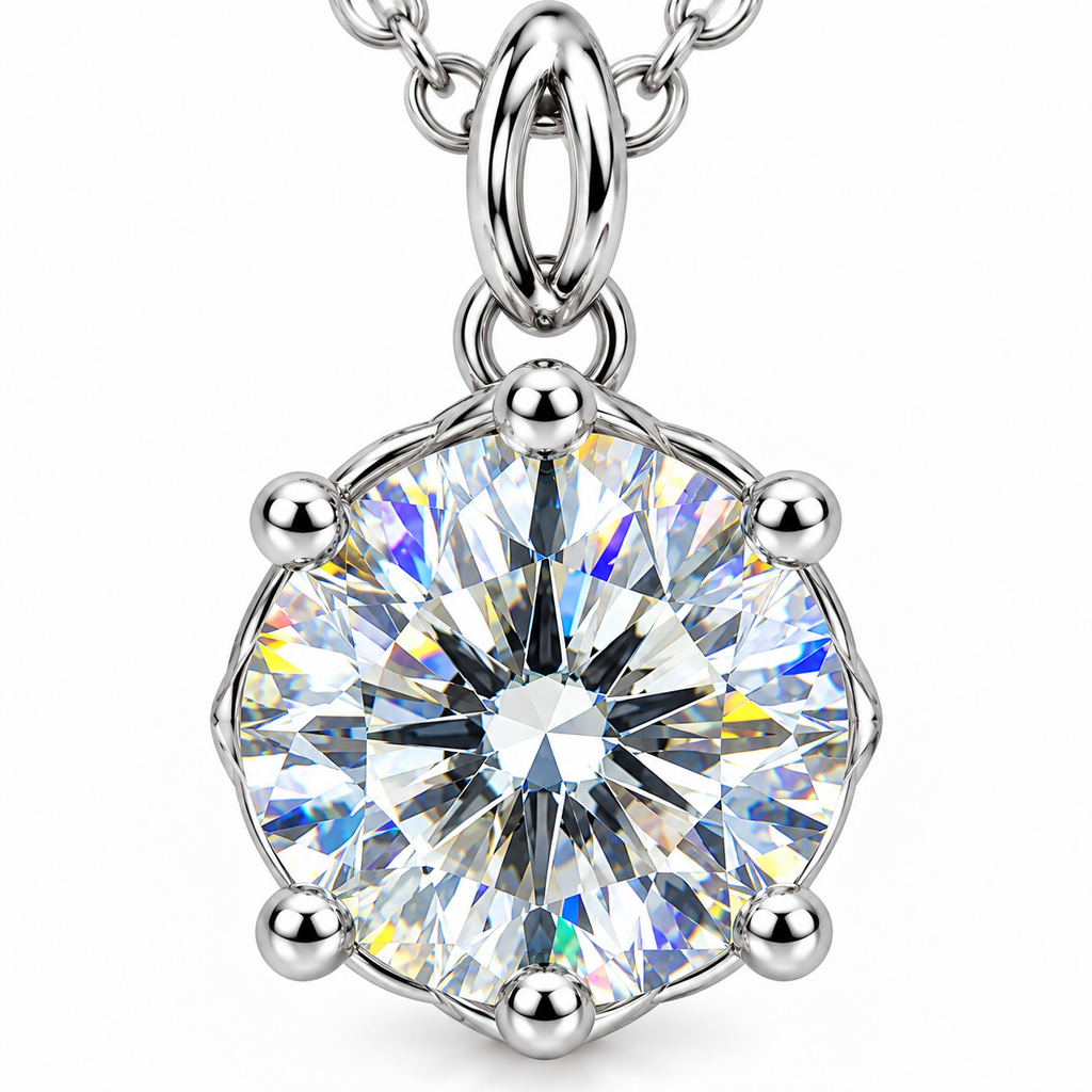 Extreme frontal macro of an 8mm VVS1 white moissanite pendant displaying brilliant white facets, blue and violet reflections, rounded silver prongs, and the polished pendant bail.