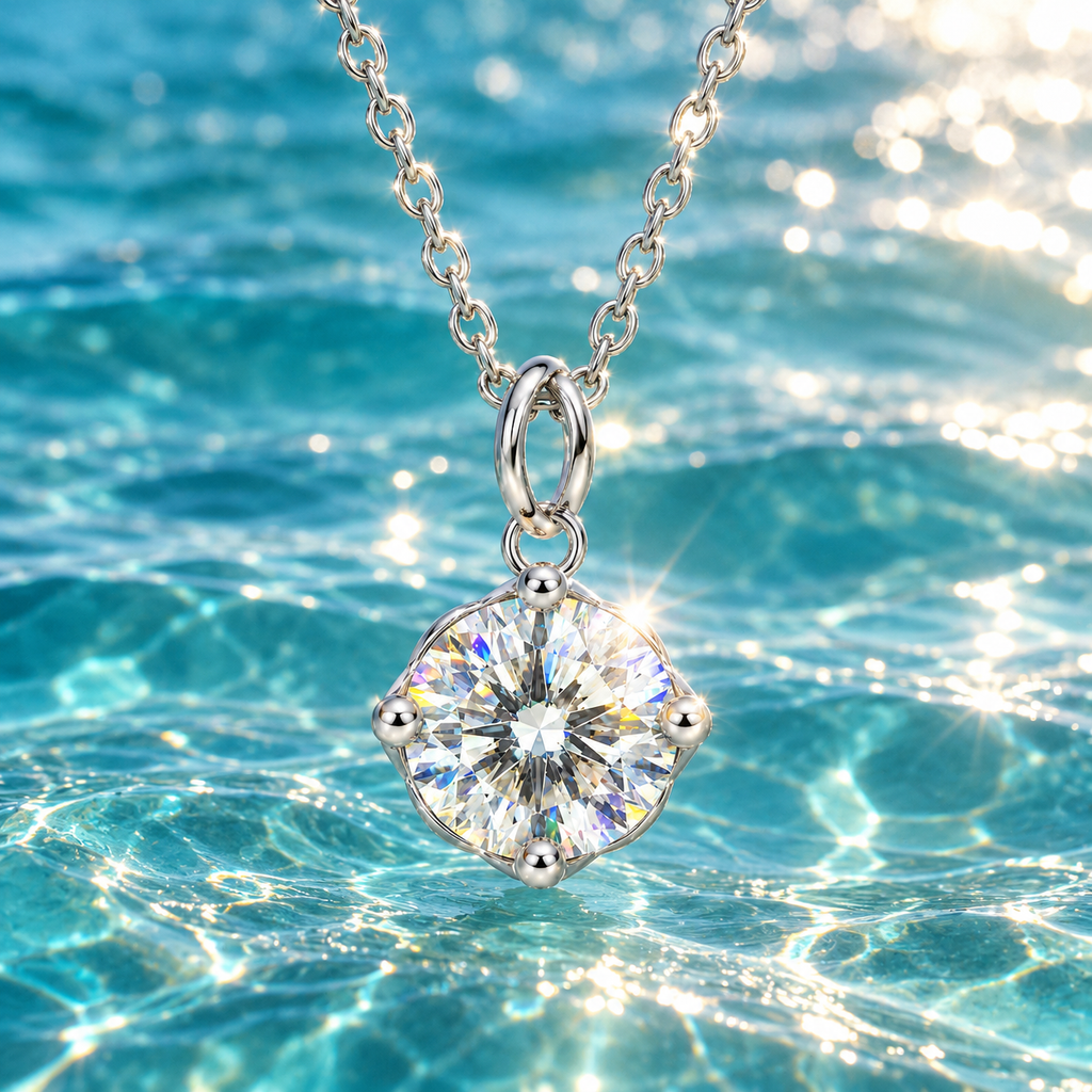 2 carat white moissanite solitaire necklace suspended against sparkling teal-blue ocean water, with sunlight illuminating the round brilliant gemstone and polished sterling silver setting.
