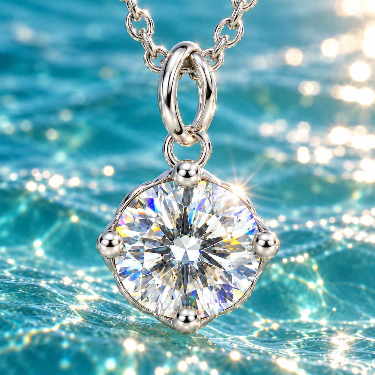 Close-up macro of an 8mm round brilliant white moissanite pendant against sunlit turquoise ocean water, highlighting brilliant gemstone facets, rainbow fire, and polished silver prongs.