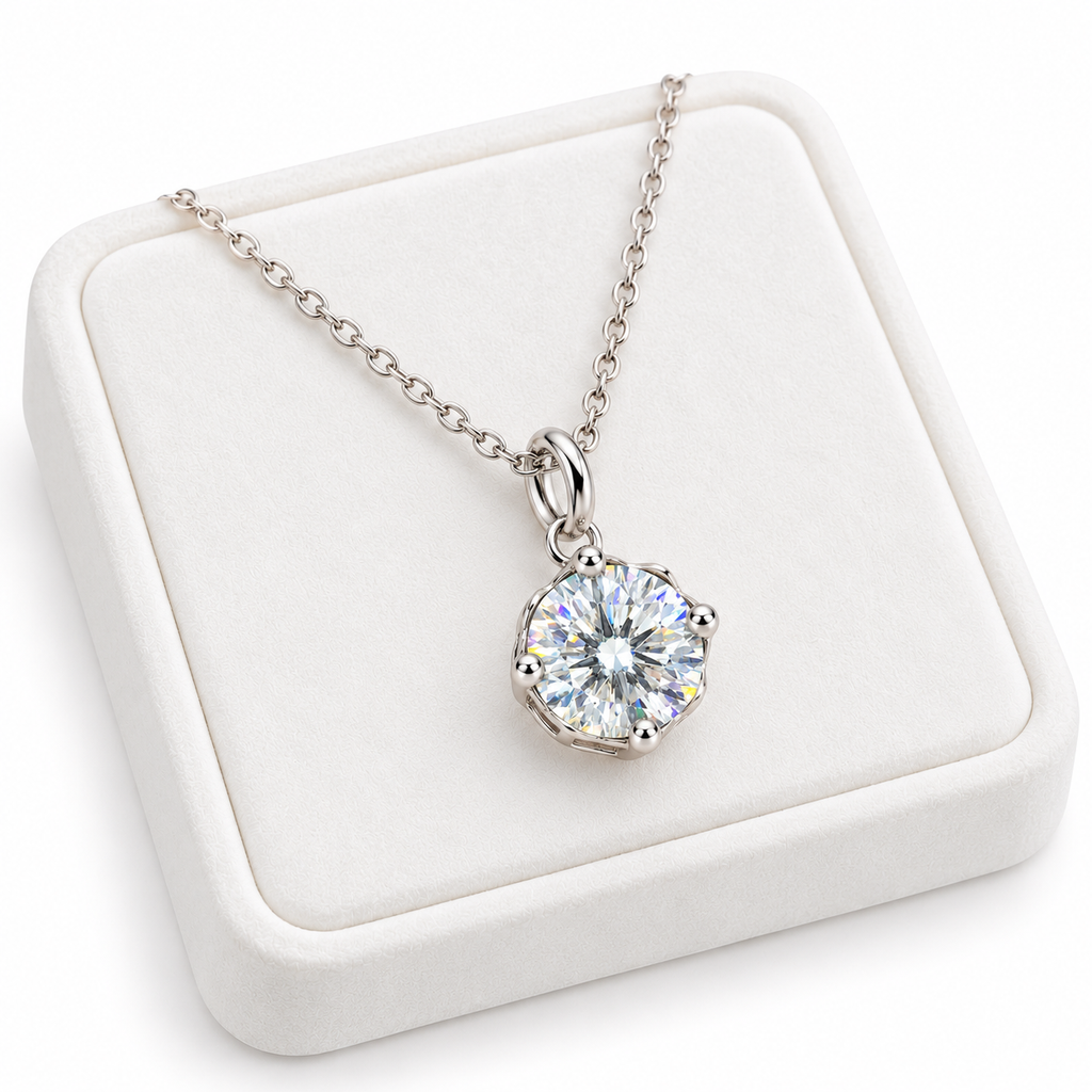 Angled white velvet jewelry tray displaying an 8mm round brilliant white moissanite pendant necklace in polished platinum-plated sterling silver against a white background.