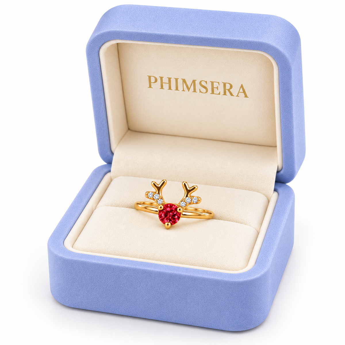 Angled view of a periwinkle Phimsera jewelry gift box displaying a delicate gold reindeer antler ring with a brilliant 4mm round crimson-red moissanite gemstone and sparkling CZ accents.